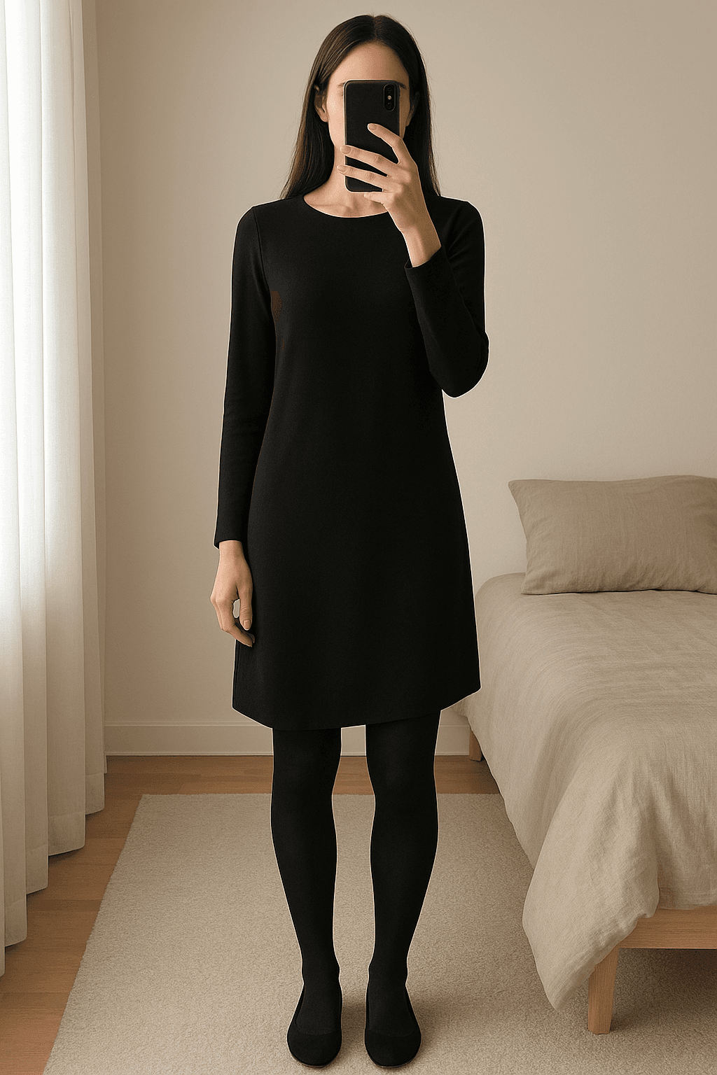 Vestido Asos em pé, de frente para a câmera, em um quarto com iluminação suave e luz natural filtrando pela janela.