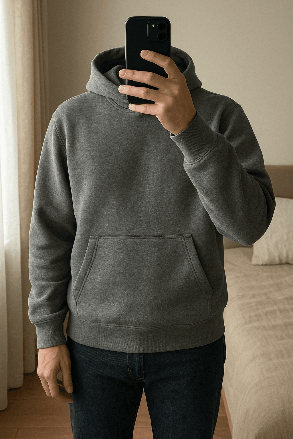 Sweat Nike Essential Cinzento em pé, de frente para a câmera, em um quarto com iluminação suave e luz natural filtrando pela janela.