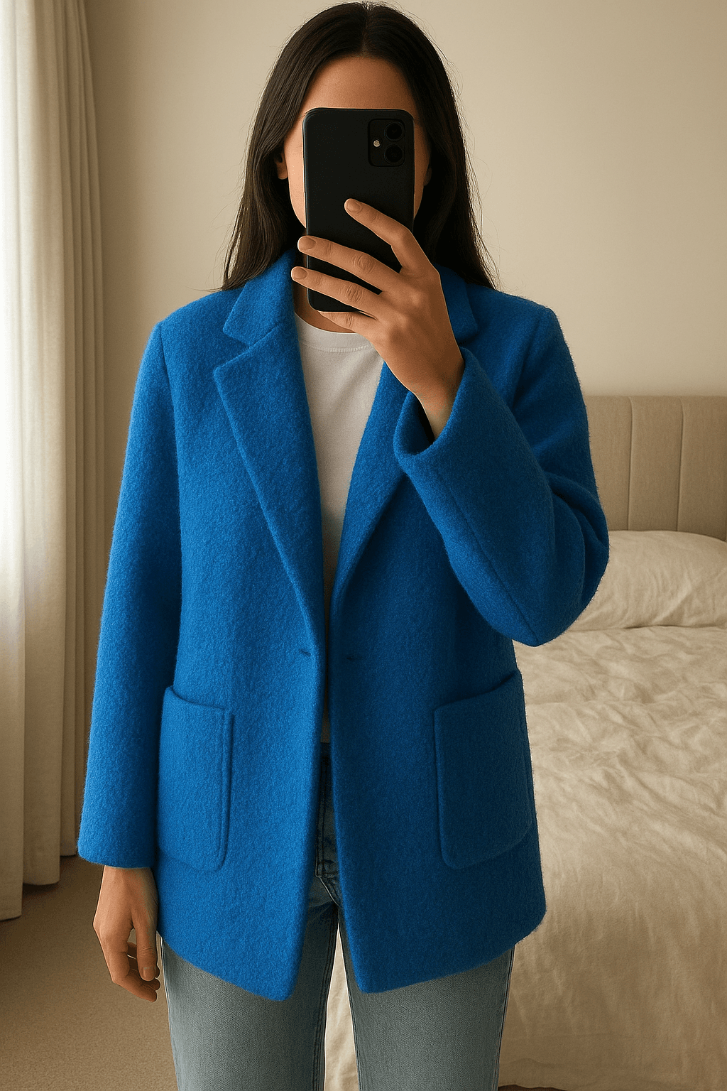 Flauschige Winter damenjacke mit Mohair Anteil Größe 38 bis 42 aufrecht stehend, der Kamera zugewandt, in einem sanft beleuchteten Schlafzimmer, mit natürlichem Licht, das durch ein Fenster fällt.