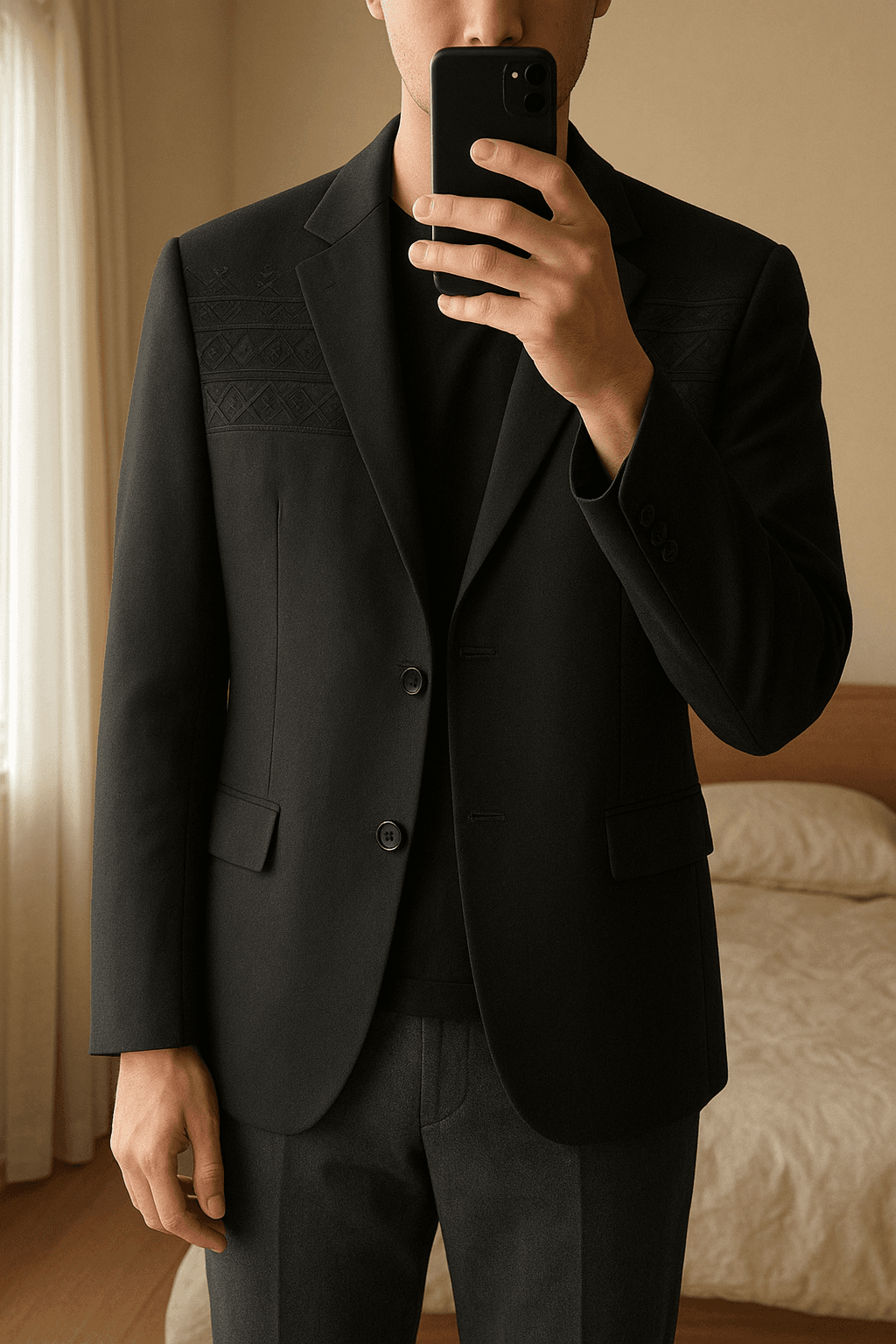 Blazer Hombre T. 54 Vintage de pie, mirando a la cámara, en un dormitorio con luz suave y natural filtrándose por la ventana.