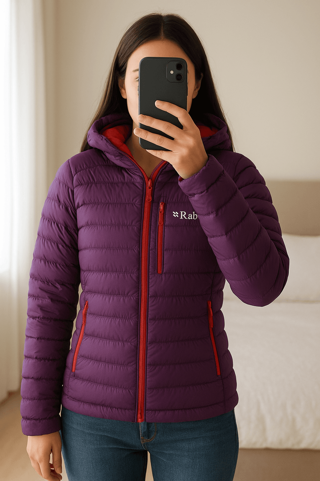 Rab Women's Microlight Alpine Jacket Daunenjacke aufrecht stehend, der Kamera zugewandt, in einem sanft beleuchteten Schlafzimmer, mit natürlichem Licht, das durch ein Fenster fällt.
