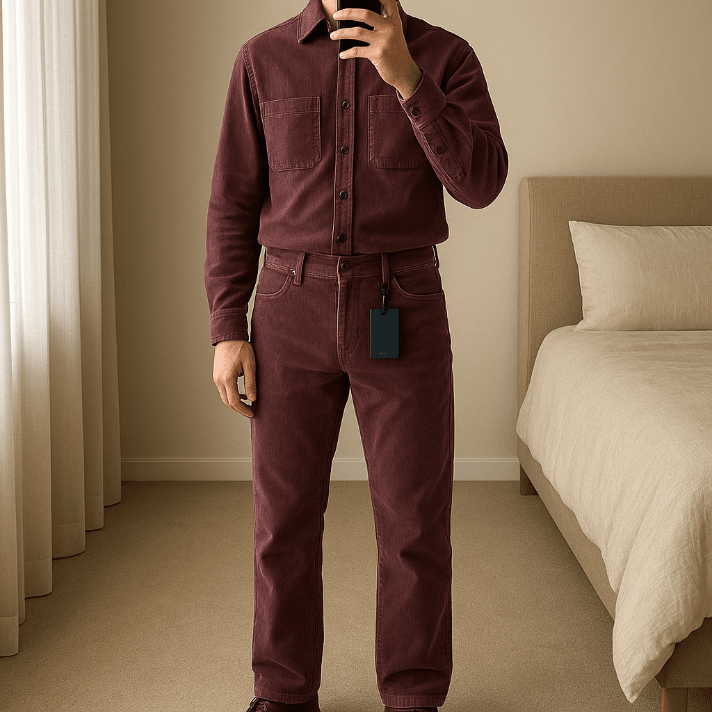 Pantalón de pana. Nuevo con etiquetas de pie, mirando a la cámara, en un dormitorio con luz suave y natural filtrándose por la ventana.