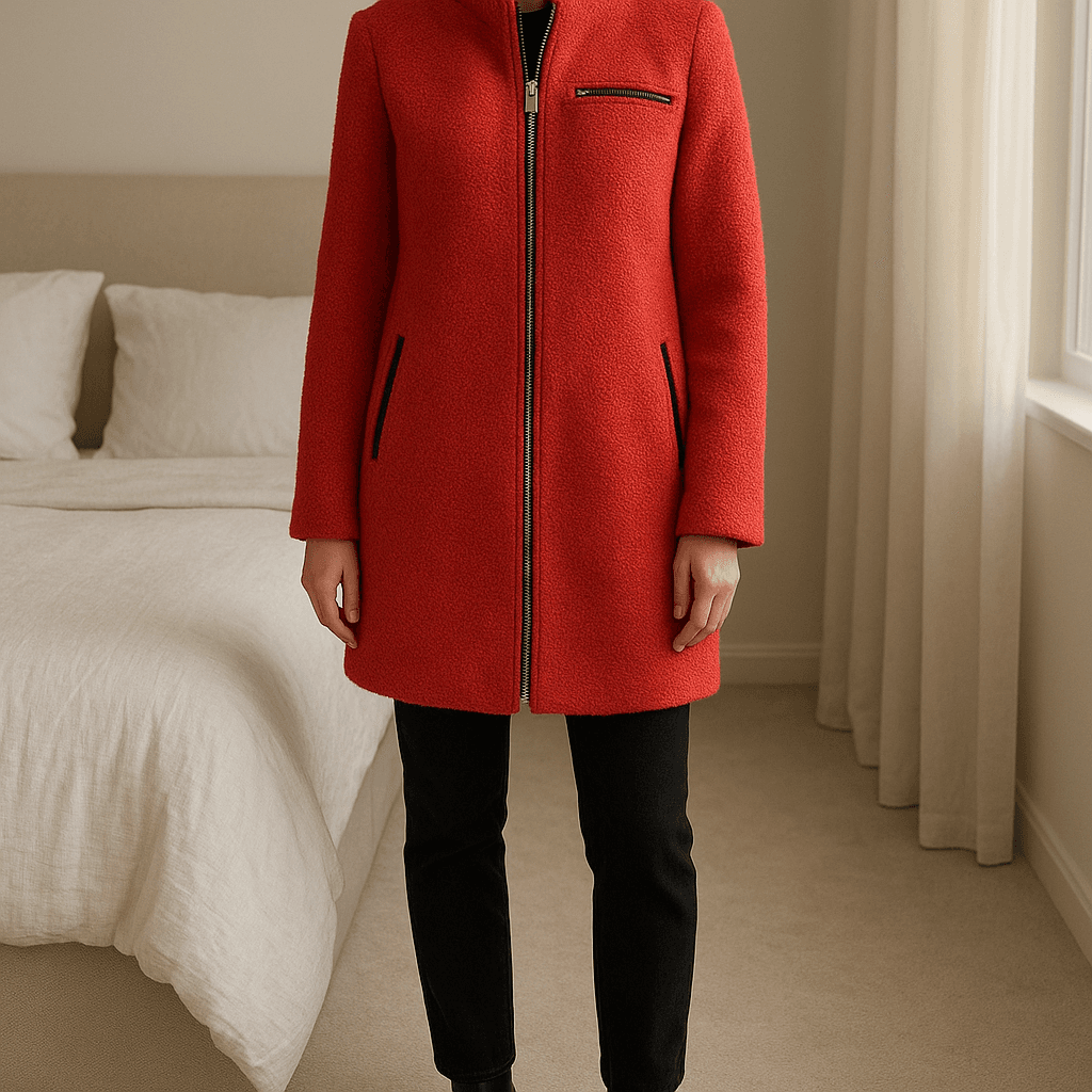 Sobretudo da Stradivarius em pé, de frente para a câmera, em um quarto com iluminação suave e luz natural filtrando pela janela.