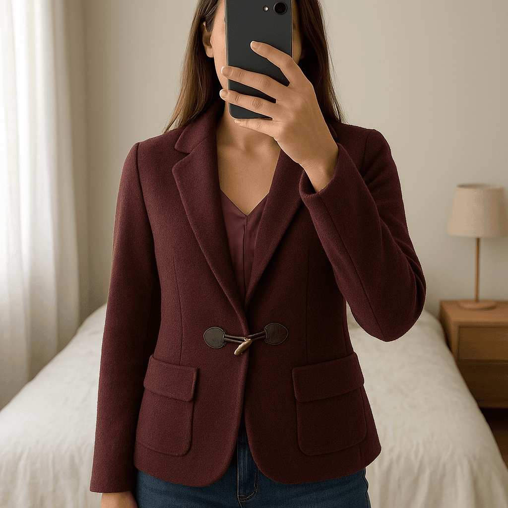 Blazer de lã da Lanidor em pé, de frente para a câmera, em um quarto com iluminação suave e luz natural filtrando pela janela.