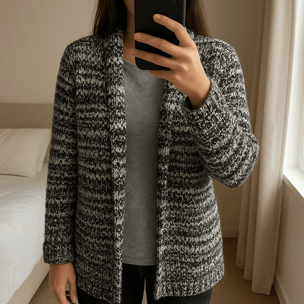 Casaco de malha comprido da Pull & Bear em pé, de frente para a câmera, em um quarto com iluminação suave e luz natural filtrando pela janela.