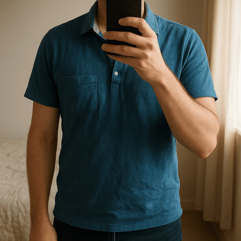 Una persona con Camisa azul marino con puntitos Springfield de pie, mirando a la cámara, en un dormitorio con luz suave y natural filtrándose por la ventana.