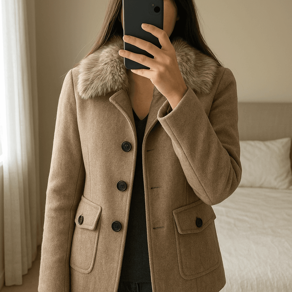 Sobretudo da Cortefiel em pé, de frente para a câmera, em um quarto com iluminação suave e luz natural filtrando pela janela.