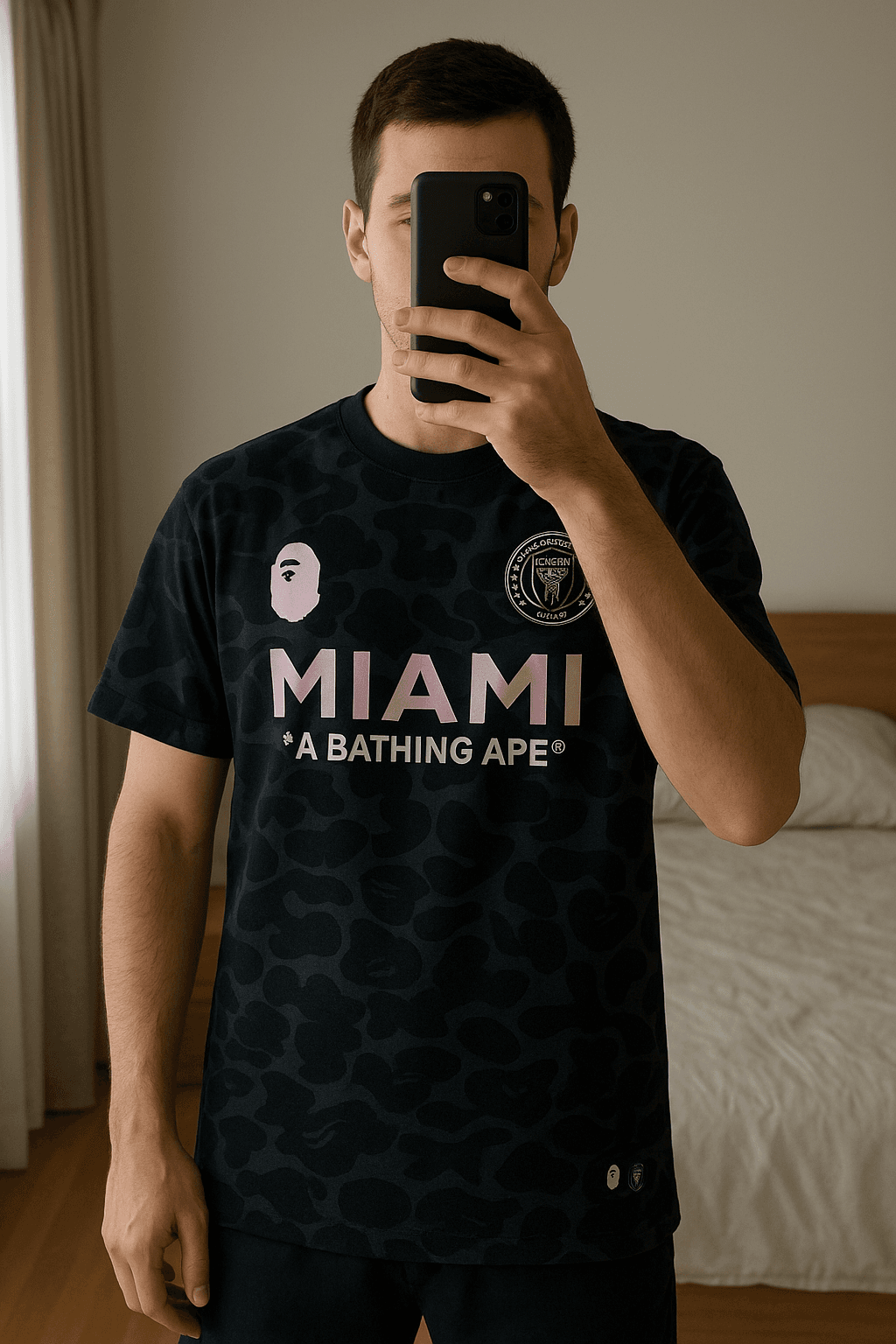 Bape x Miami camiseta negra M de pie, mirando a la cámara, en un dormitorio con luz suave y natural filtrándose por la ventana.