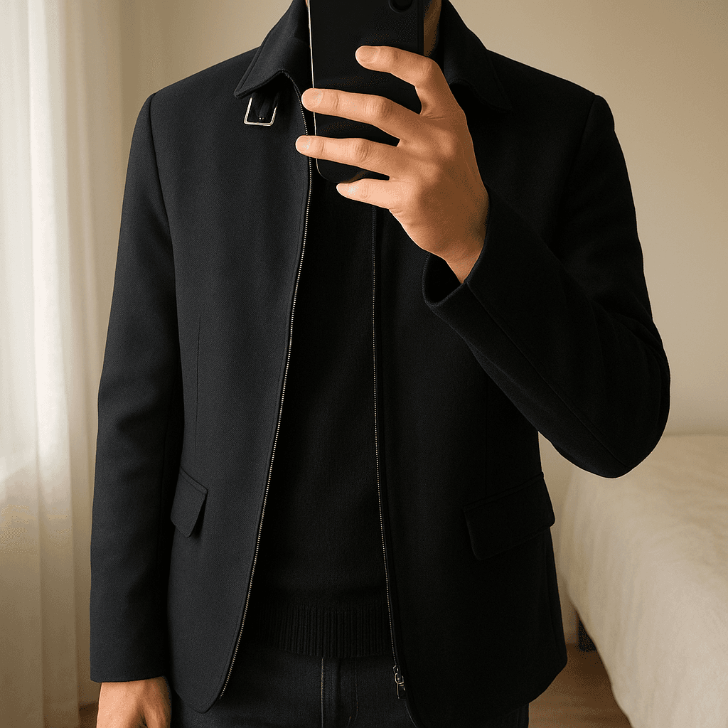 Zara inter blazer/jacket de pie, mirando a la cámara, en un dormitorio con luz suave y natural filtrándose por la ventana.