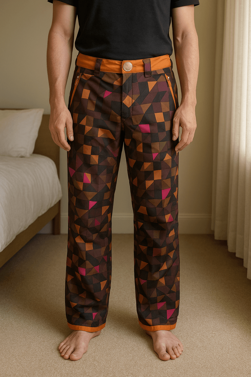 Pantalón esqui Rossignol de pie, mirando a la cámara, en un dormitorio con luz suave y natural filtrándose por la ventana.