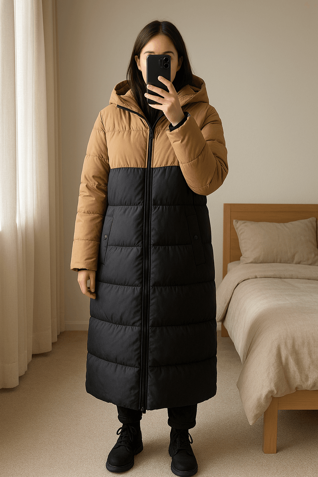 Abrigo "Color Block" de Stradivarius de pie, mirando a la cámara, en un dormitorio con luz suave y natural filtrándose por la ventana.