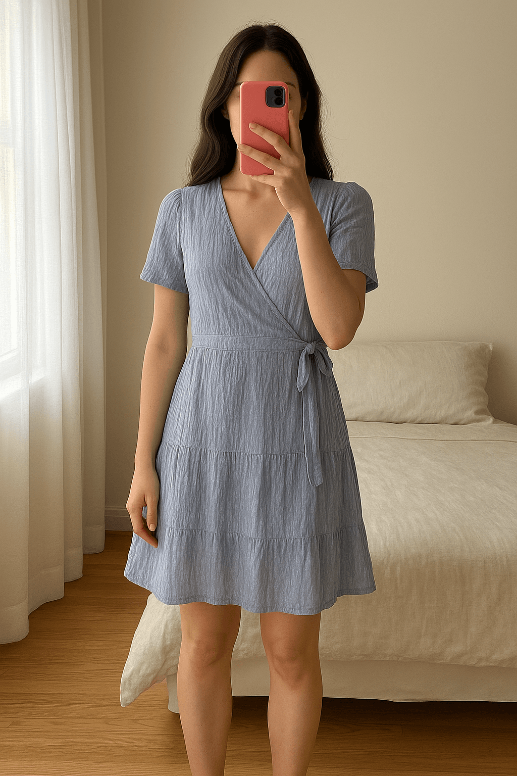 Robe cache-coeur ba&sh aufrecht stehend, der Kamera zugewandt, in einem sanft beleuchteten Schlafzimmer, mit natürlichem Licht, das durch ein Fenster fällt.