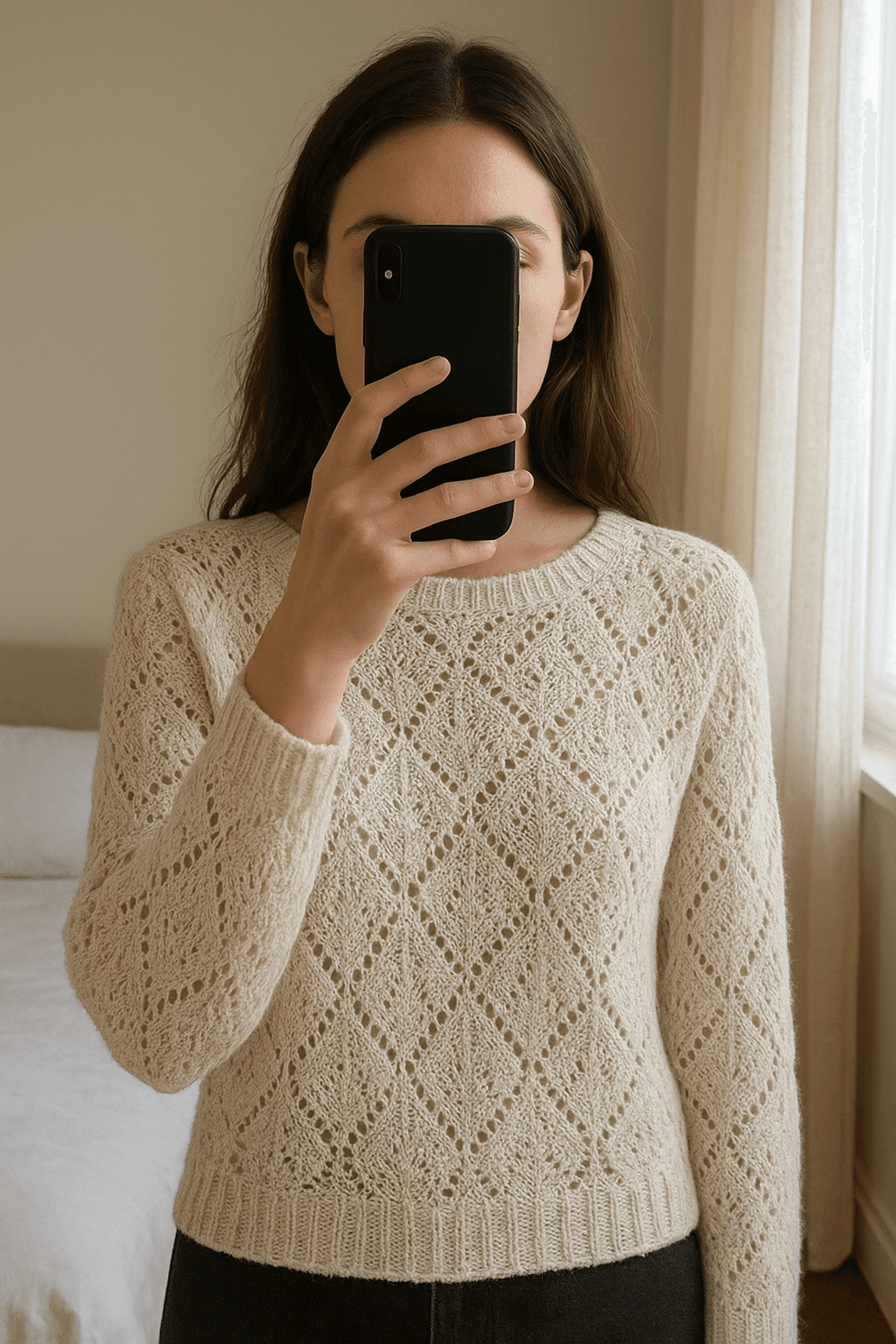 Sweater Abercrombie & Fitch em pé, de frente para a câmera, em um quarto com iluminação suave e luz natural filtrando pela janela.