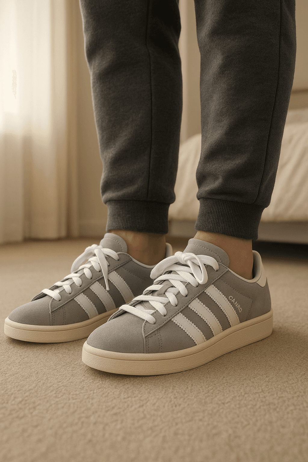 Adidas Campus 00s gris Talla 43 de pie, mirando a la cámara, en un dormitorio con luz suave y natural filtrándose por la ventana.