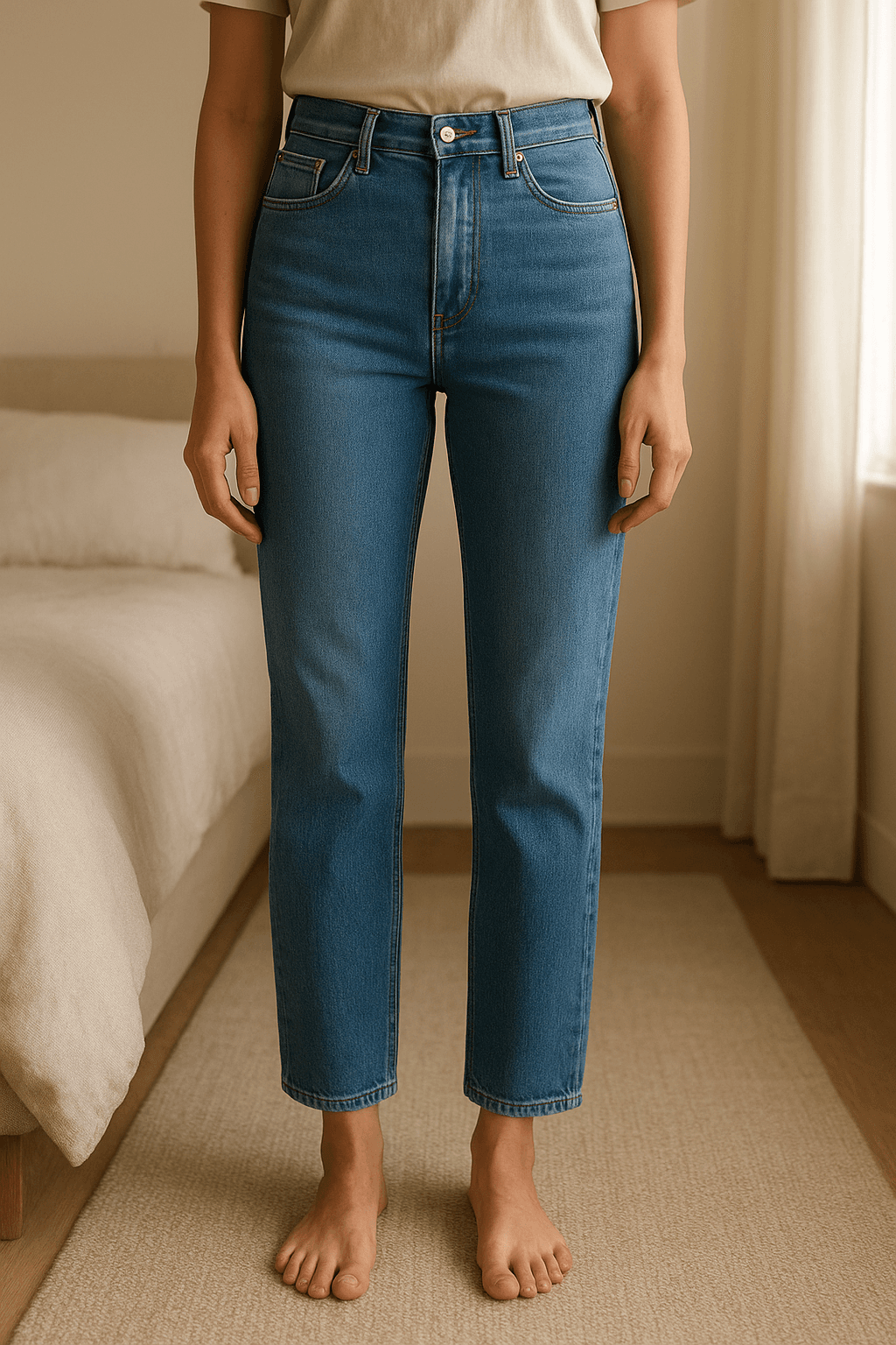 Calças de ganga tiffosi push up em pé, de frente para a câmera, em um quarto com iluminação suave e luz natural filtrando pela janela.