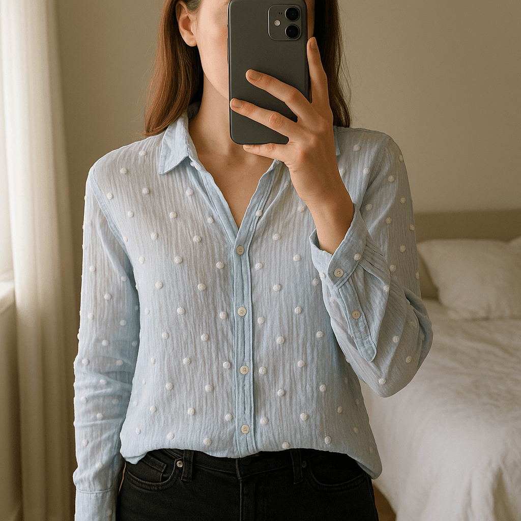 Una persona con Camisa azul clarito con puntito blanco gasa de pie, mirando a la cámara, con tipo de cuerpo delgado, en un dormitorio con luz suave y natural filtrándose por la ventana.