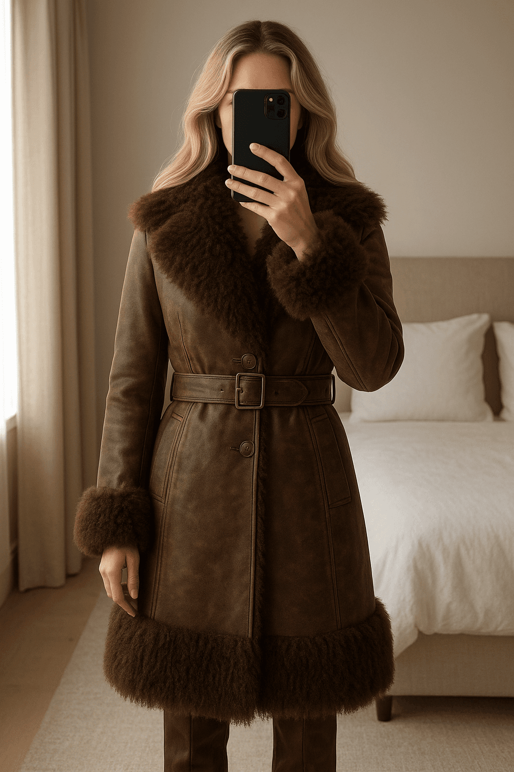 Pennylane em pé, de frente para a câmera, em um quarto com iluminação suave e luz natural filtrando pela janela.