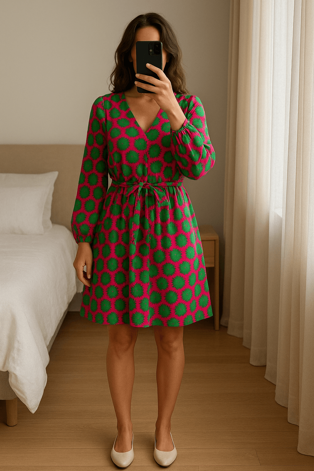 Vestido estampado de pie, mirando a la cámara, en un dormitorio con luz suave y natural filtrándose por la ventana.