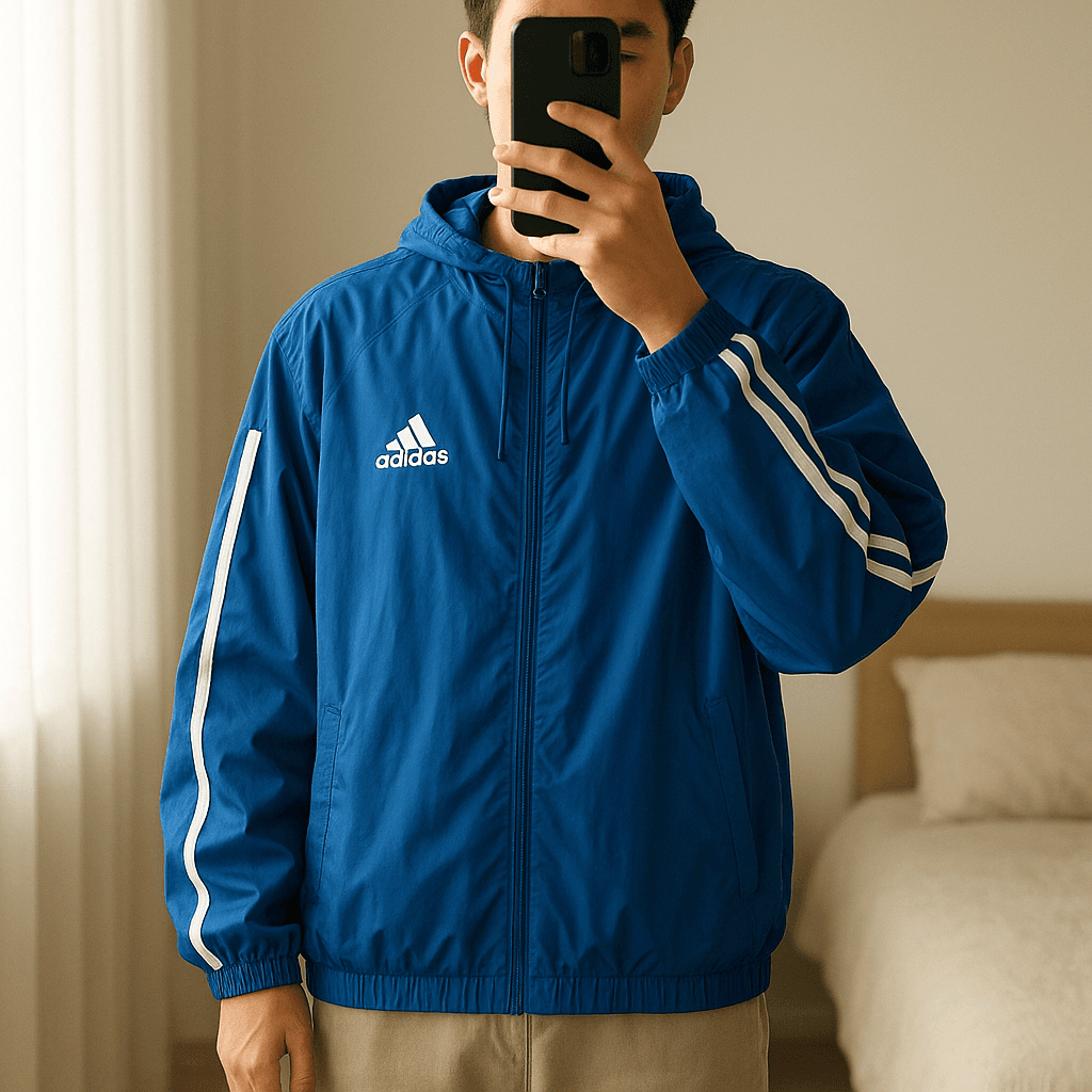 Adidas Vintage Blue Windbreaker 3 Stripes Full Zip Unisex Streetwear de pie, mirando a la cámara, en un dormitorio con luz suave y natural filtrándose por la ventana.