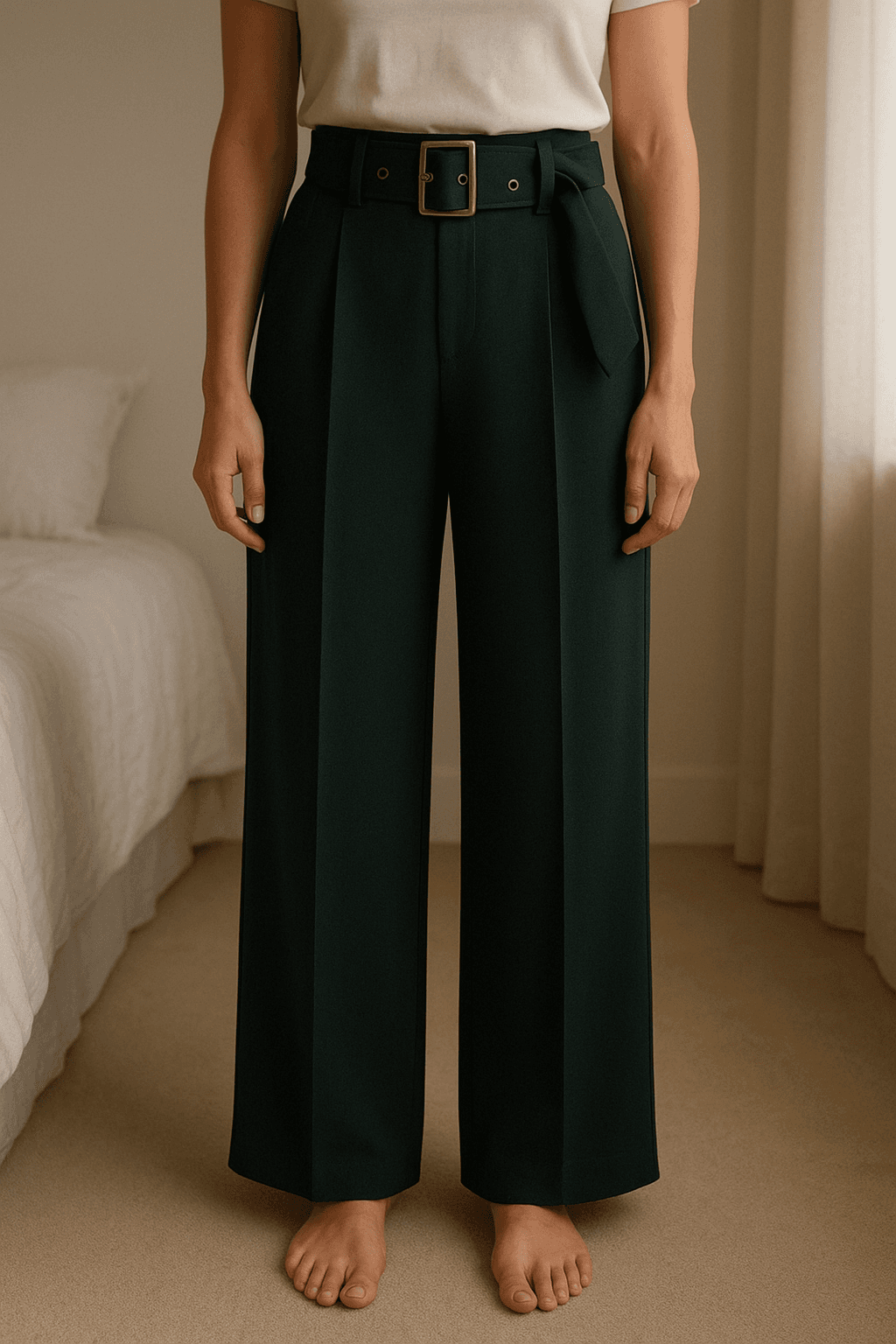 Pantalón ancho de traje Zara de pie, mirando a la cámara, en un dormitorio con luz suave y natural filtrándose por la ventana.