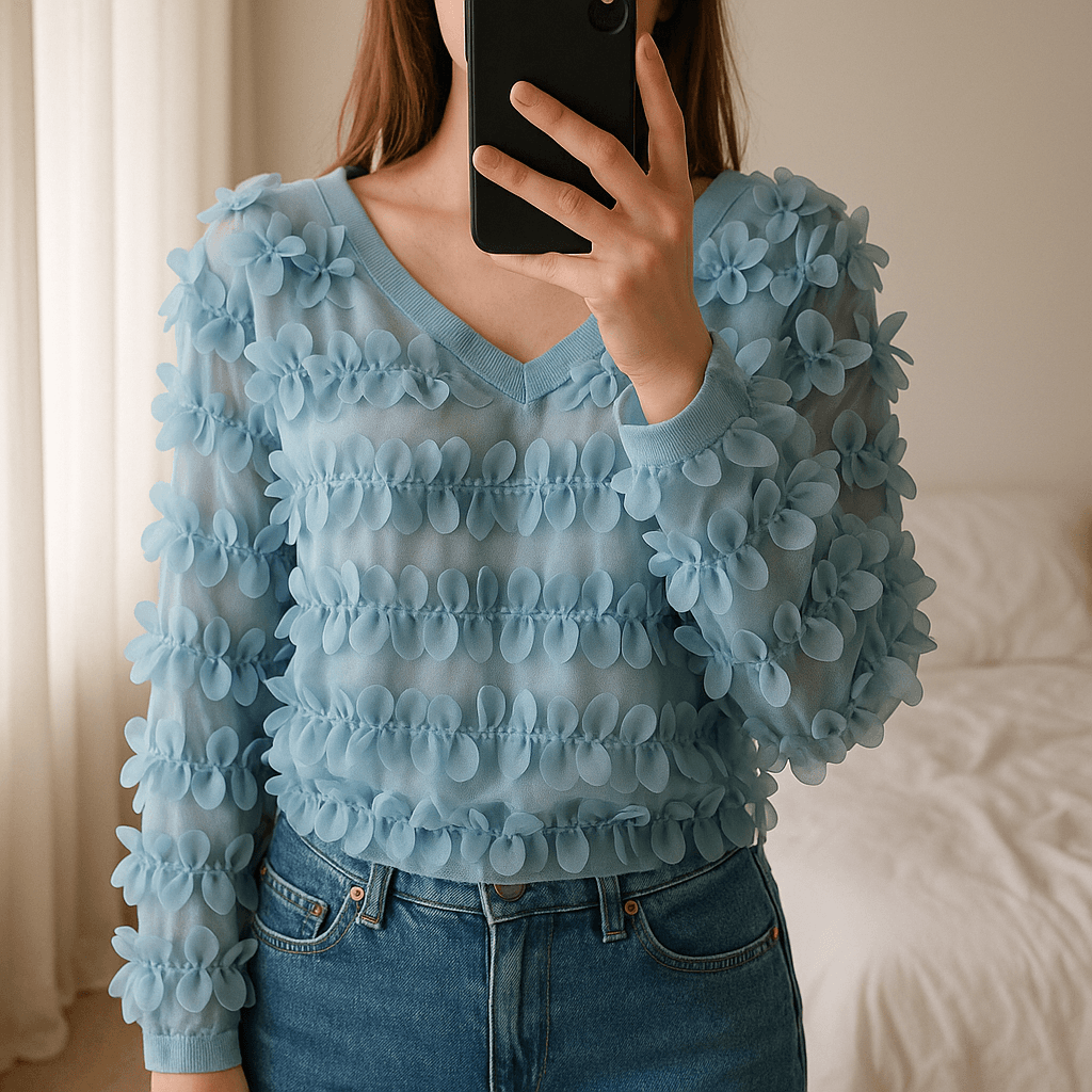 Una persona con Blusa azul clarito con relieve forma floral de pie, mirando a la cámara, con tipo de cuerpo delgado, en un dormitorio con luz suave y natural filtrándose por la ventana.