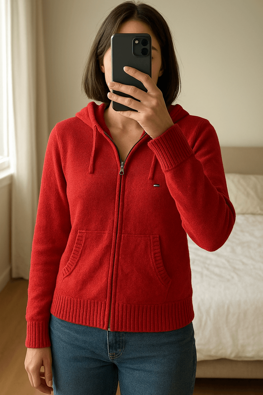 Tommy Hilfiger zip up jumpers de pie, mirando a la cámara, en un dormitorio con luz suave y natural filtrándose por la ventana.