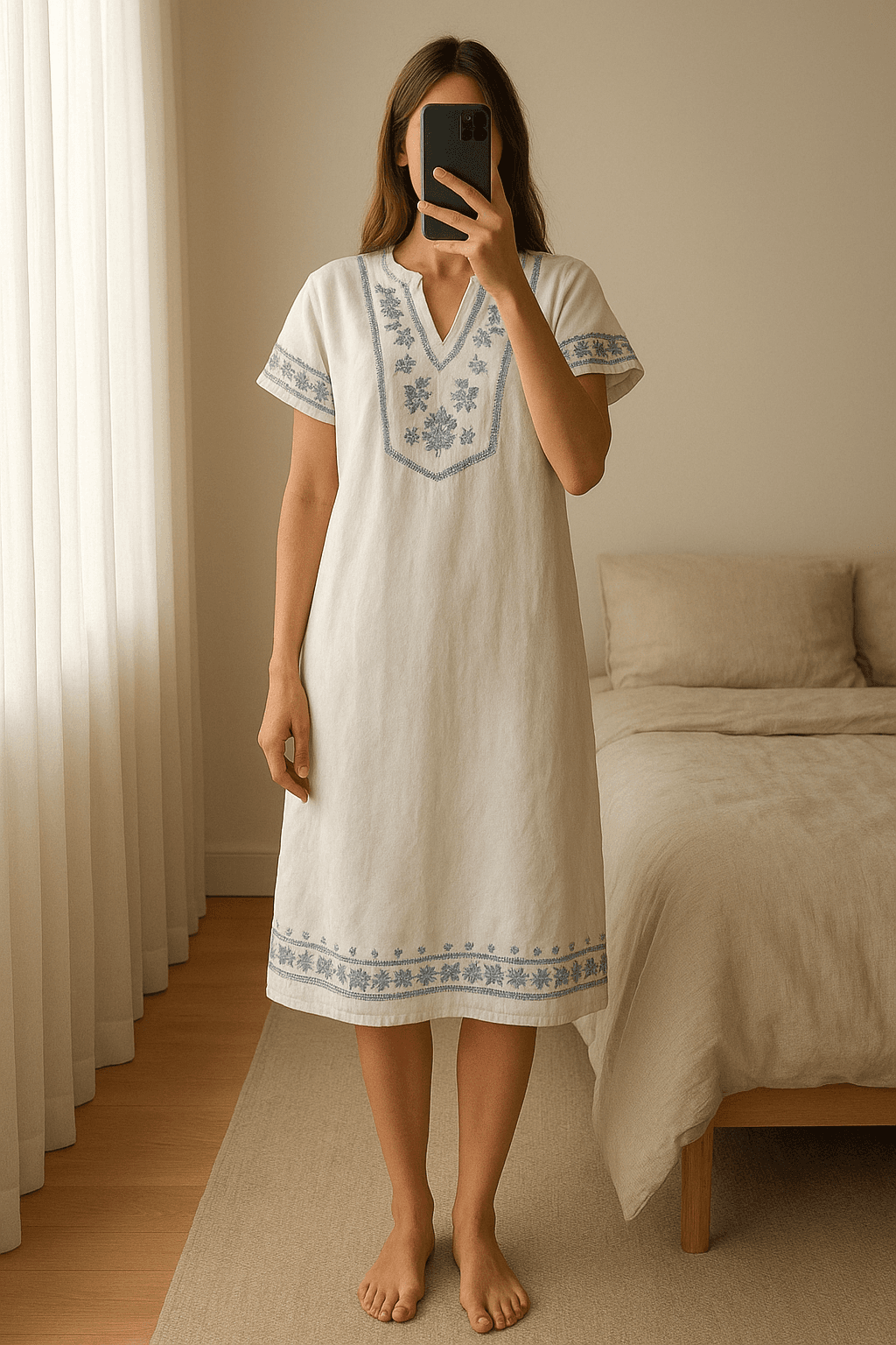 Ralph Lauren Kleid aufrecht stehend, der Kamera zugewandt, in einem sanft beleuchteten Schlafzimmer, mit natürlichem Licht, das durch ein Fenster fällt.