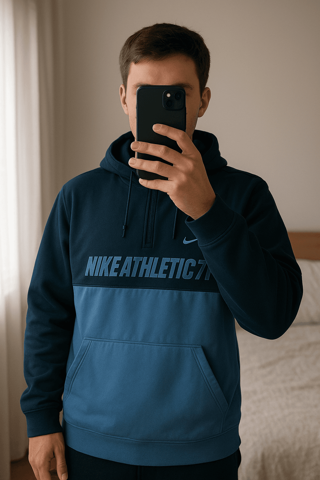 Vintage Nike 71 Jacket - Size L em pé, de frente para a câmera, em um quarto com iluminação suave e luz natural filtrando pela janela.
