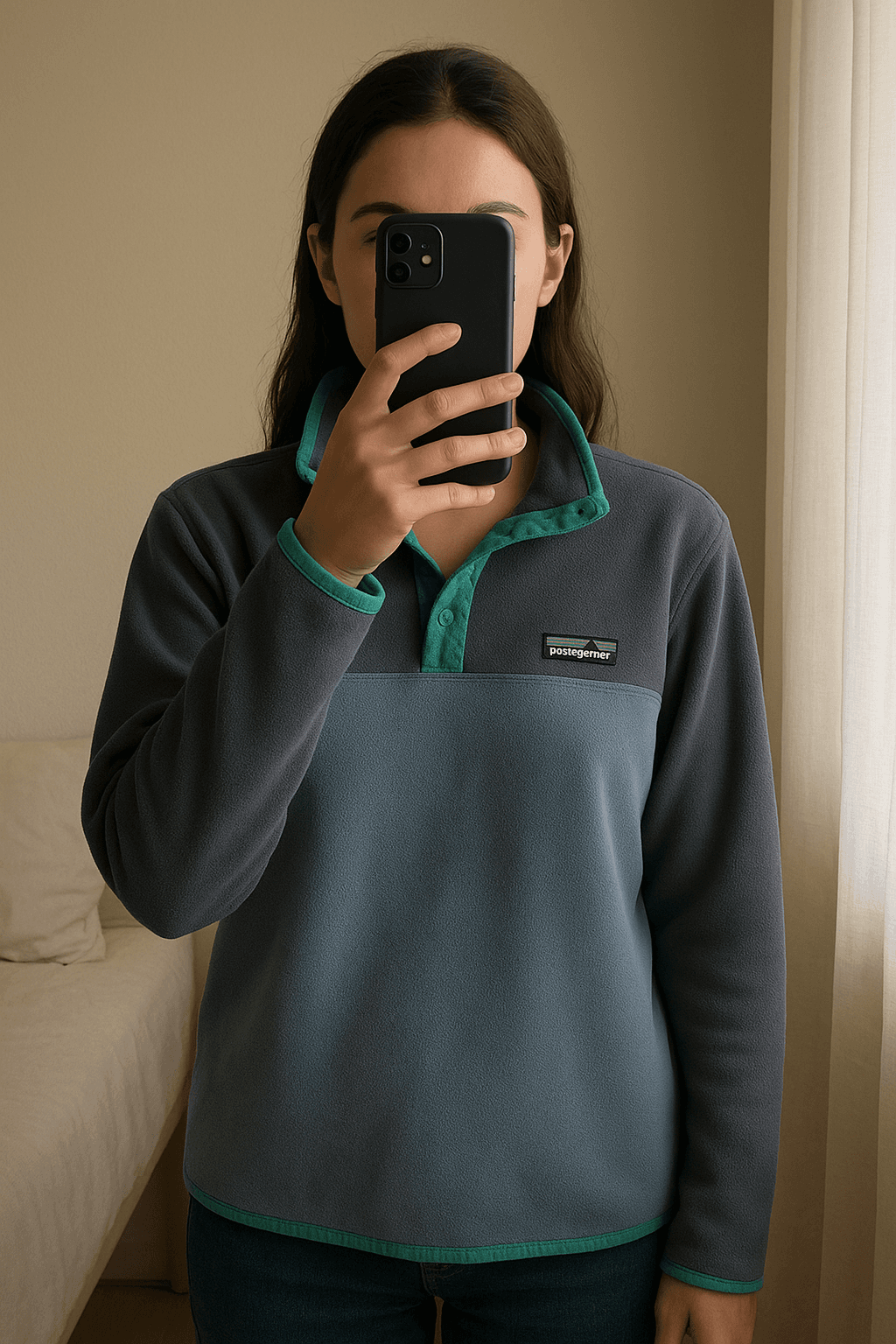 Polaire Patagonia aufrecht stehend, der Kamera zugewandt, in einem sanft beleuchteten Schlafzimmer, mit natürlichem Licht, das durch ein Fenster fällt.