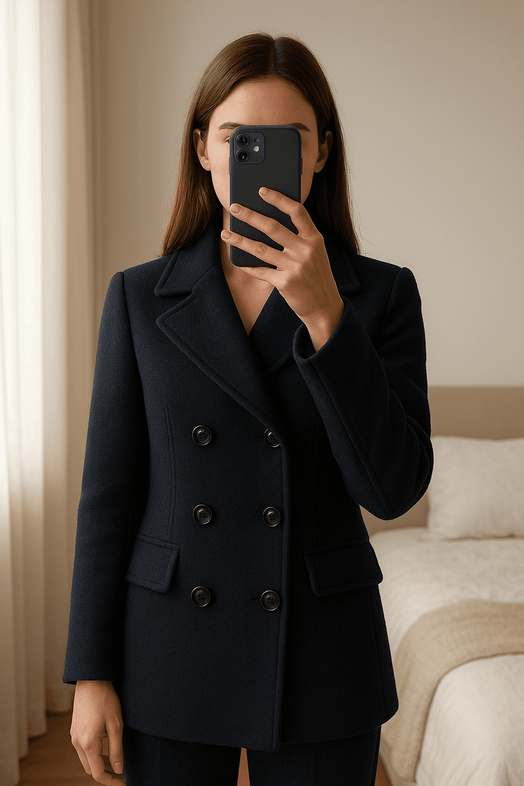 Chaqueta Mango de pie, mirando a la cámara, en un dormitorio con luz suave y natural filtrándose por la ventana.