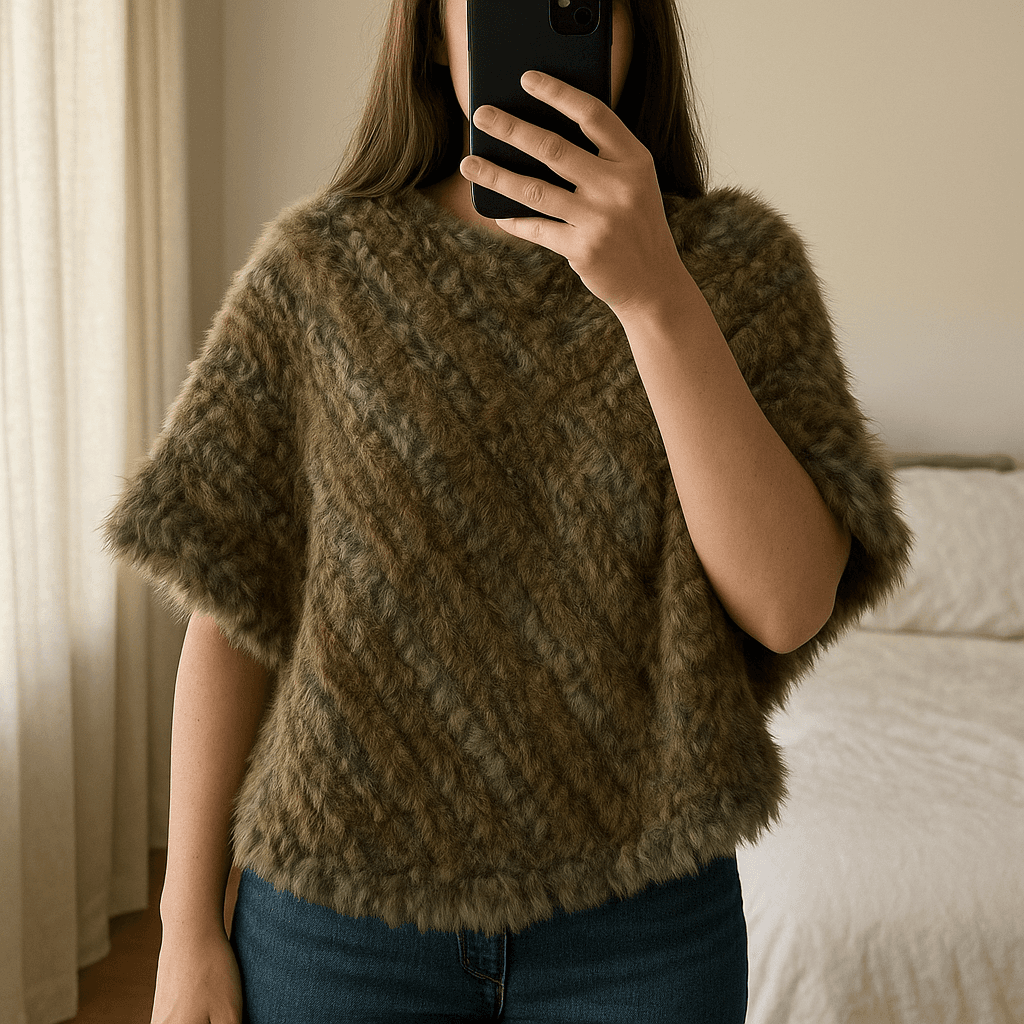 Poncho capa de pelo de pie, mirando a la cámara, en un dormitorio con luz suave y natural filtrándose por la ventana.