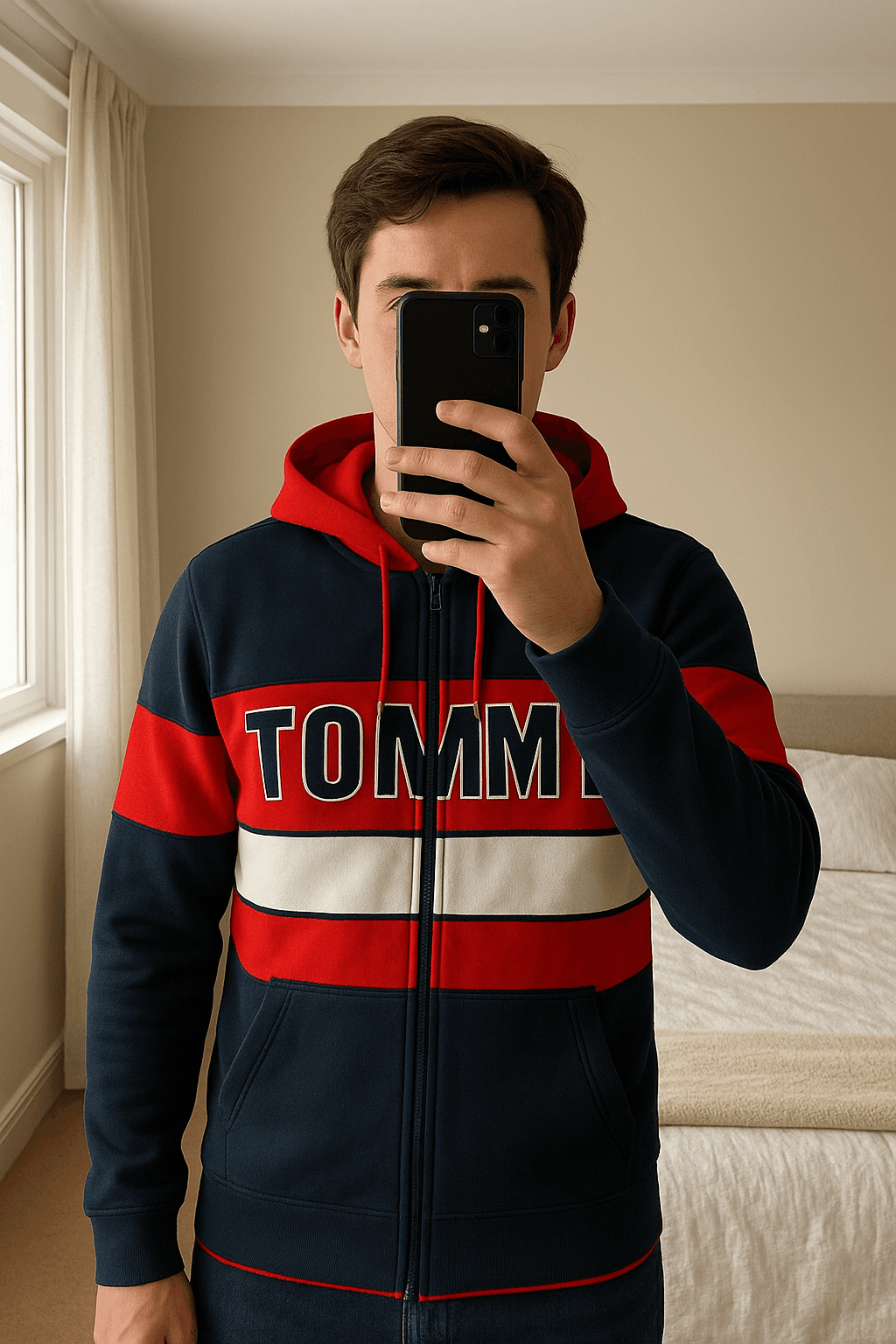 Casaco Tommy Hilfiger em pé, de frente para a câmera, em um quarto com iluminação suave e luz natural filtrando pela janela.