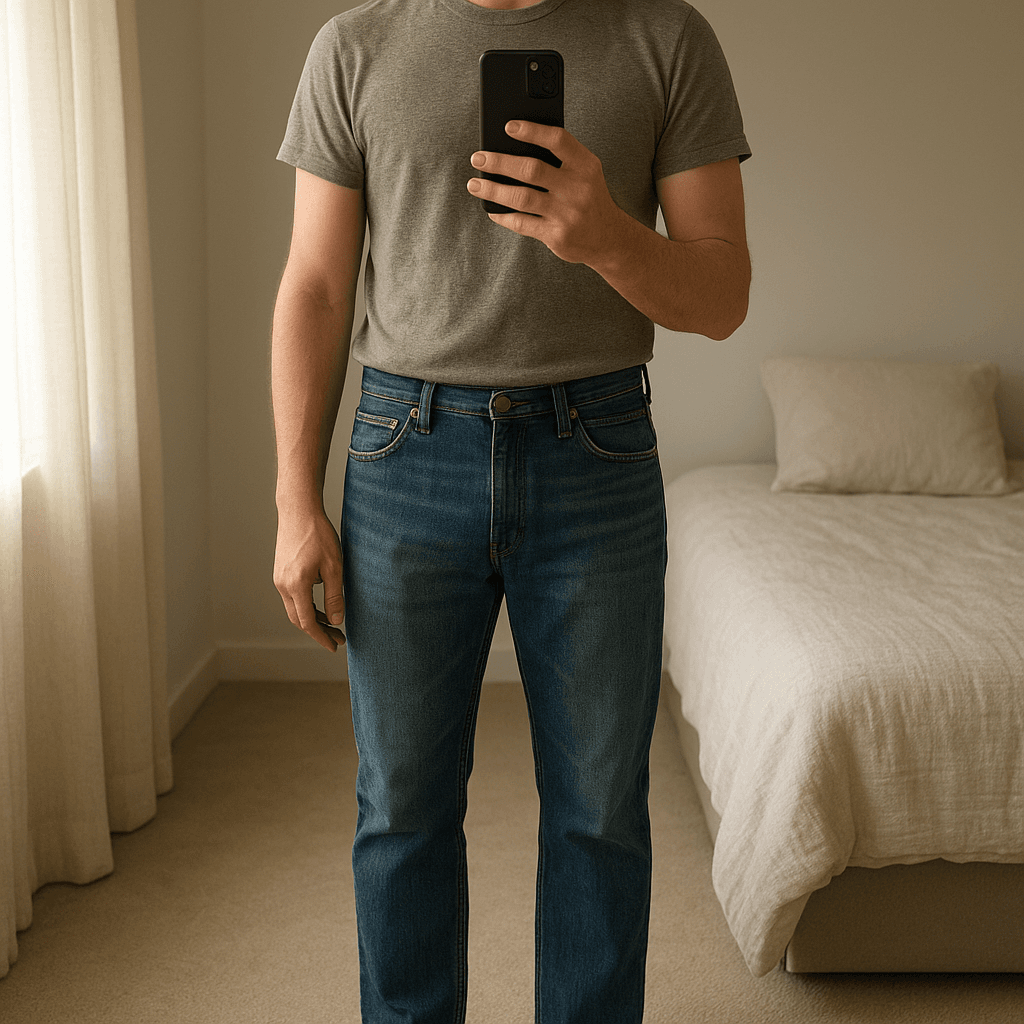 Reply jeans de pie, mirando a la cámara, en un dormitorio con luz suave y natural filtrándose por la ventana.