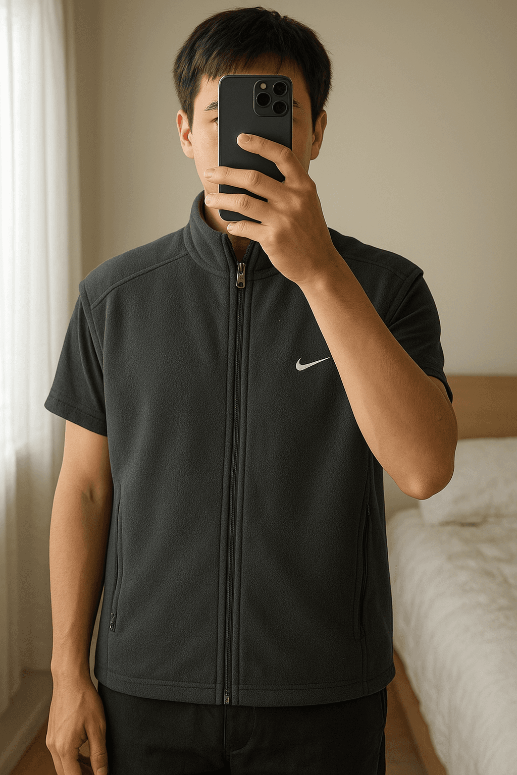 Vintage Nike F.I.T. Black Fleece Vest Full Zip | Y2K Streetwear Retro Gorpcore XL de pie, mirando a la cámara, en un dormitorio con luz suave y natural filtrándose por la ventana.
