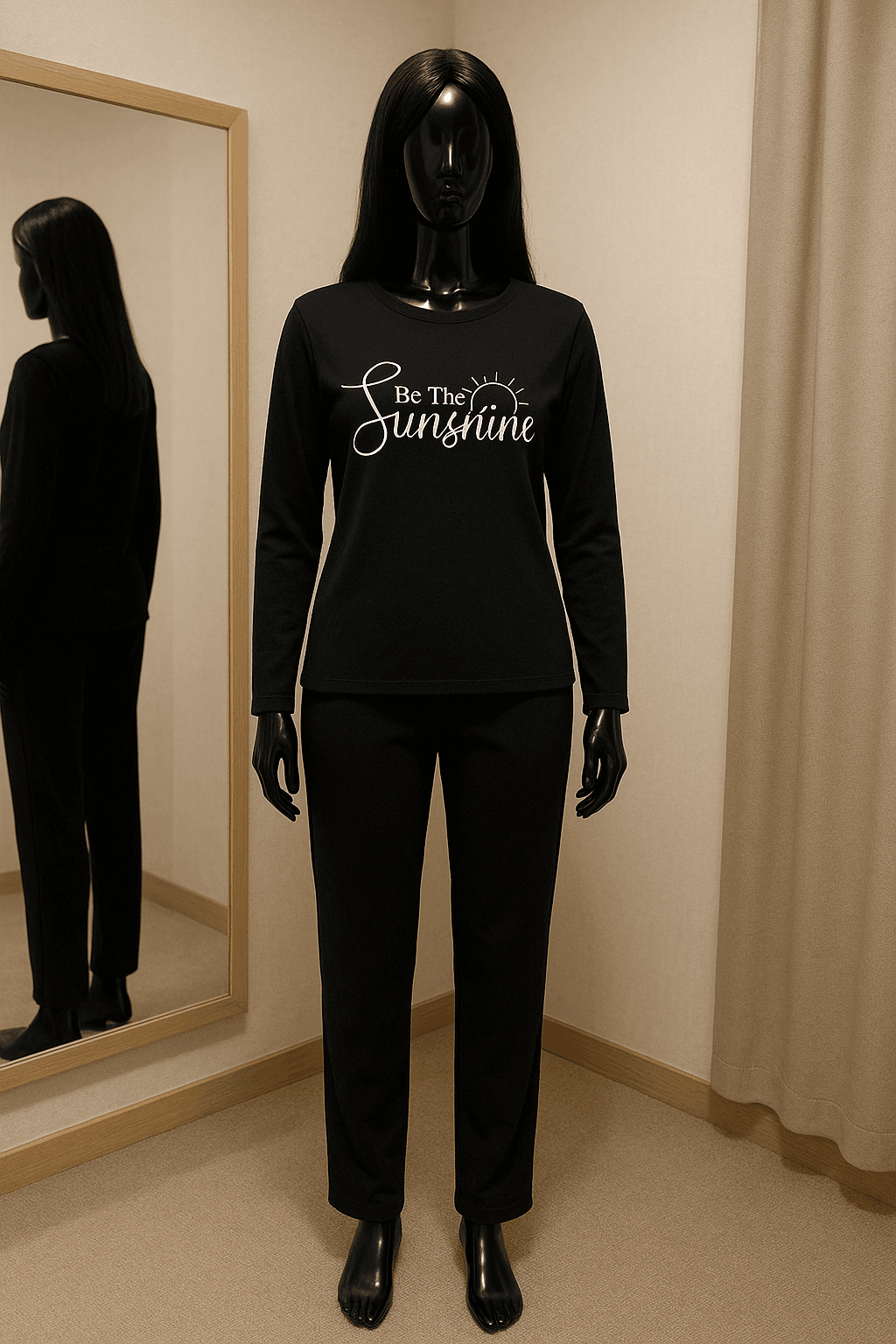 eine glänzende schwarze Kunststoffpuppe ohne Gesichtszüge in Schwarz Pyjama Winter aufrecht stehend, der Kamera zugewandt, mit schlanker Figur, in einer Umkleidekabine im Boutiquenstil mit Spiegel und neutralem Dekor.