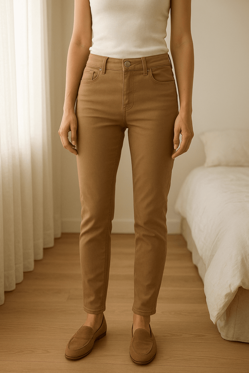 Pantalones beige Clockhouse de pie, mirando a la cámara, en un dormitorio con luz suave y natural filtrándose por la ventana.