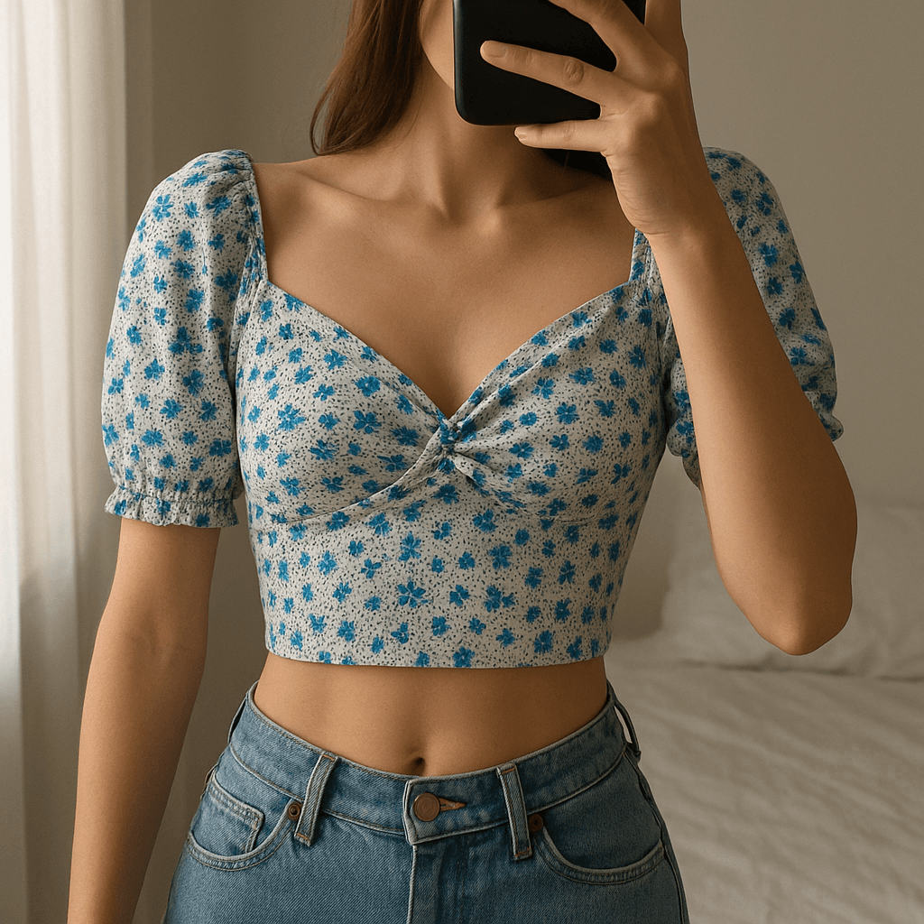 Una persona con Top flores Stradivarius arqueando ligeramente la espalda para una pose dinámica, con tipo de cuerpo delgado, en un dormitorio con luz suave y natural filtrándose por la ventana.