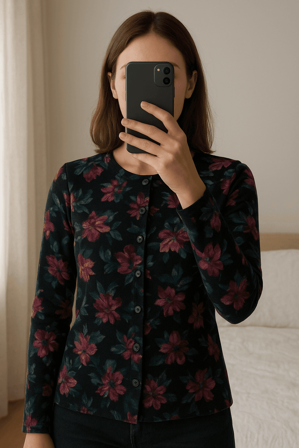 Chaqueta de terciopelo estampado floral de pie, mirando a la cámara, en un dormitorio con luz suave y natural filtrándose por la ventana.