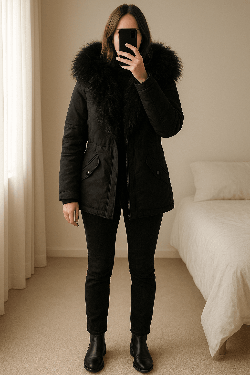 Schwarze Daunenjacken aufrecht stehend, der Kamera zugewandt, in einem sanft beleuchteten Schlafzimmer, mit natürlichem Licht, das durch ein Fenster fällt.