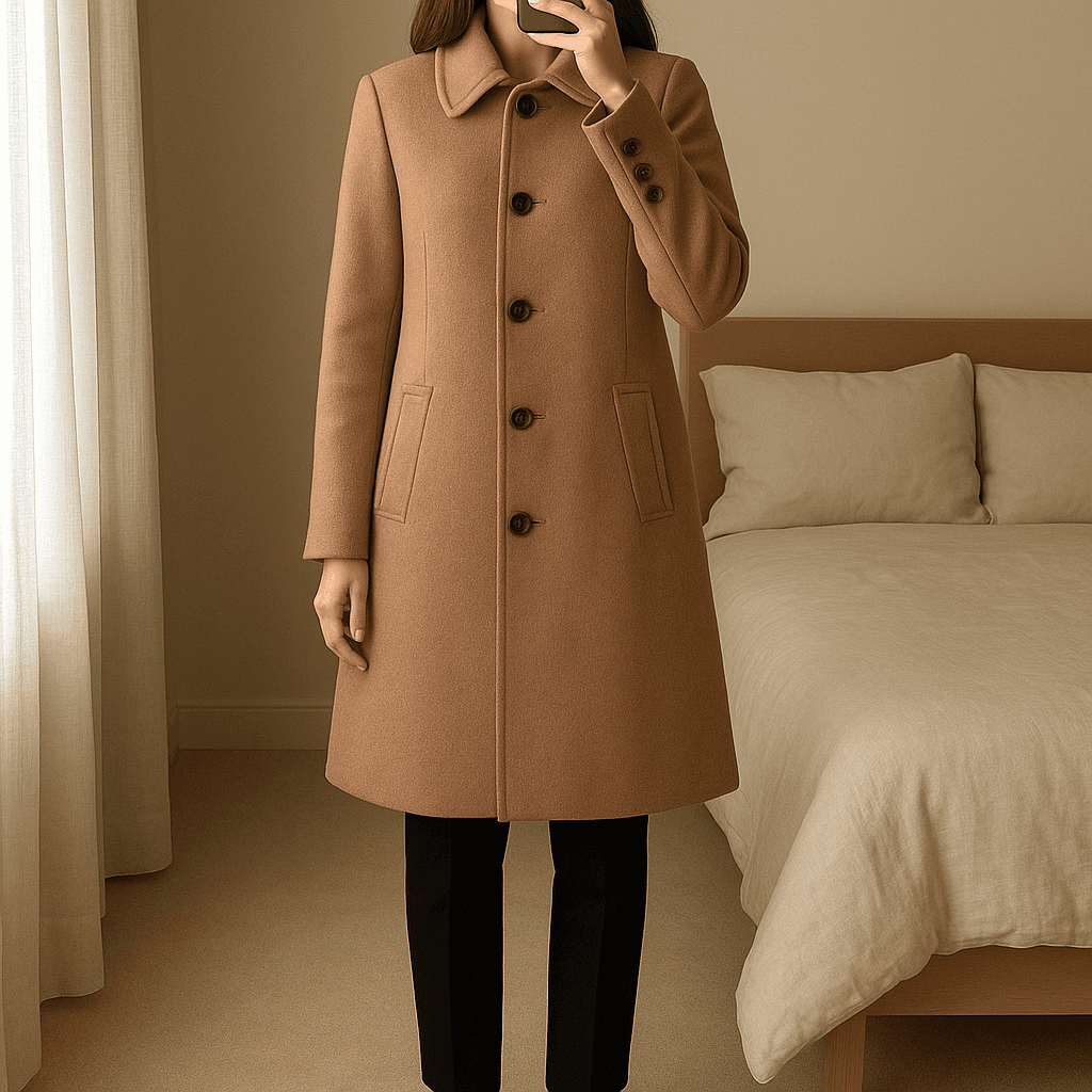 Abrigo midi marrón de pie, mirando a la cámara, en un dormitorio con luz suave y natural filtrándose por la ventana.