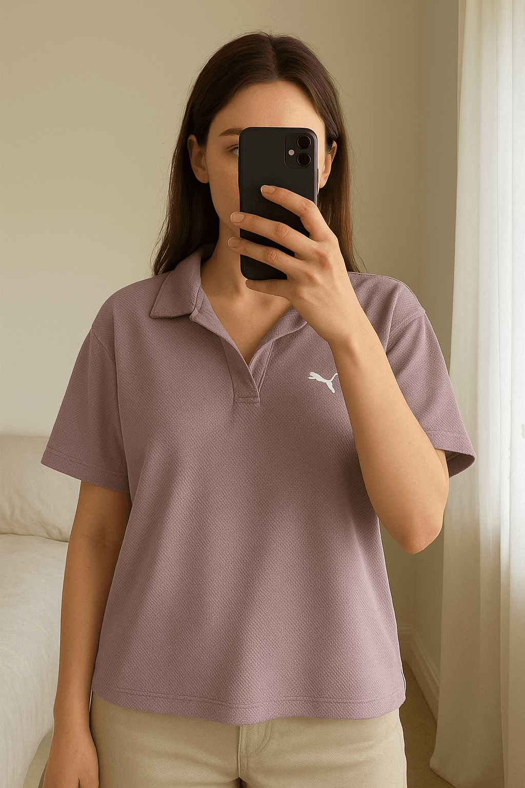 Haut de sport puma aufrecht stehend, der Kamera zugewandt, in einem sanft beleuchteten Schlafzimmer, mit natürlichem Licht, das durch ein Fenster fällt.