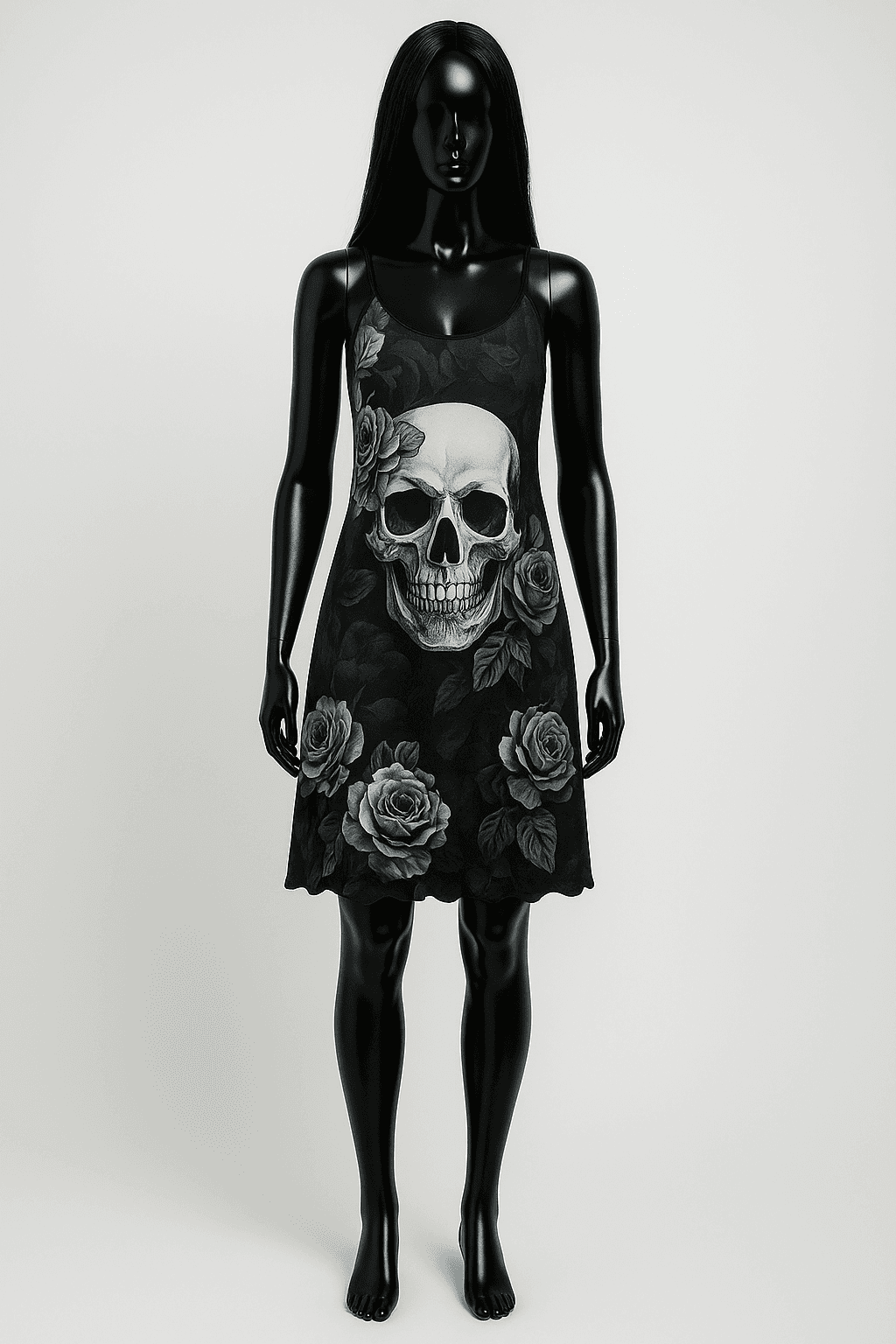 eine glänzende schwarze Kunststoffpuppe ohne Gesichtszüge in Kurzes Kleid im Gothic-Stil, grau mit Muster aufrecht stehend, der Kamera zugewandt, mit schlanker Figur, in einem sauberen Fotostudio mit nahtlosem weißen Hintergrund und Softbox-Beleuchtung.