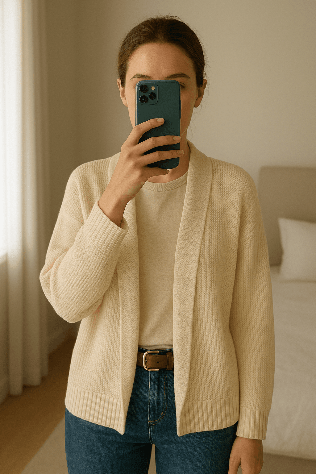 Cárdigan Punto Zara M de pie, mirando a la cámara, en un dormitorio con luz suave y natural filtrándose por la ventana.