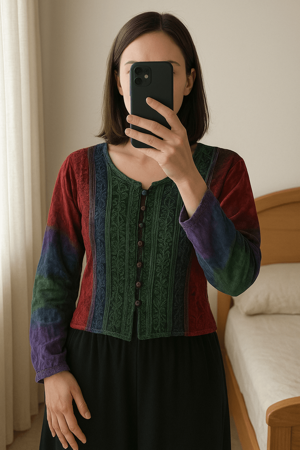 Camisa Blusa Oriental curta em pé, de frente para a câmera, em um quarto com iluminação suave e luz natural filtrando pela janela.