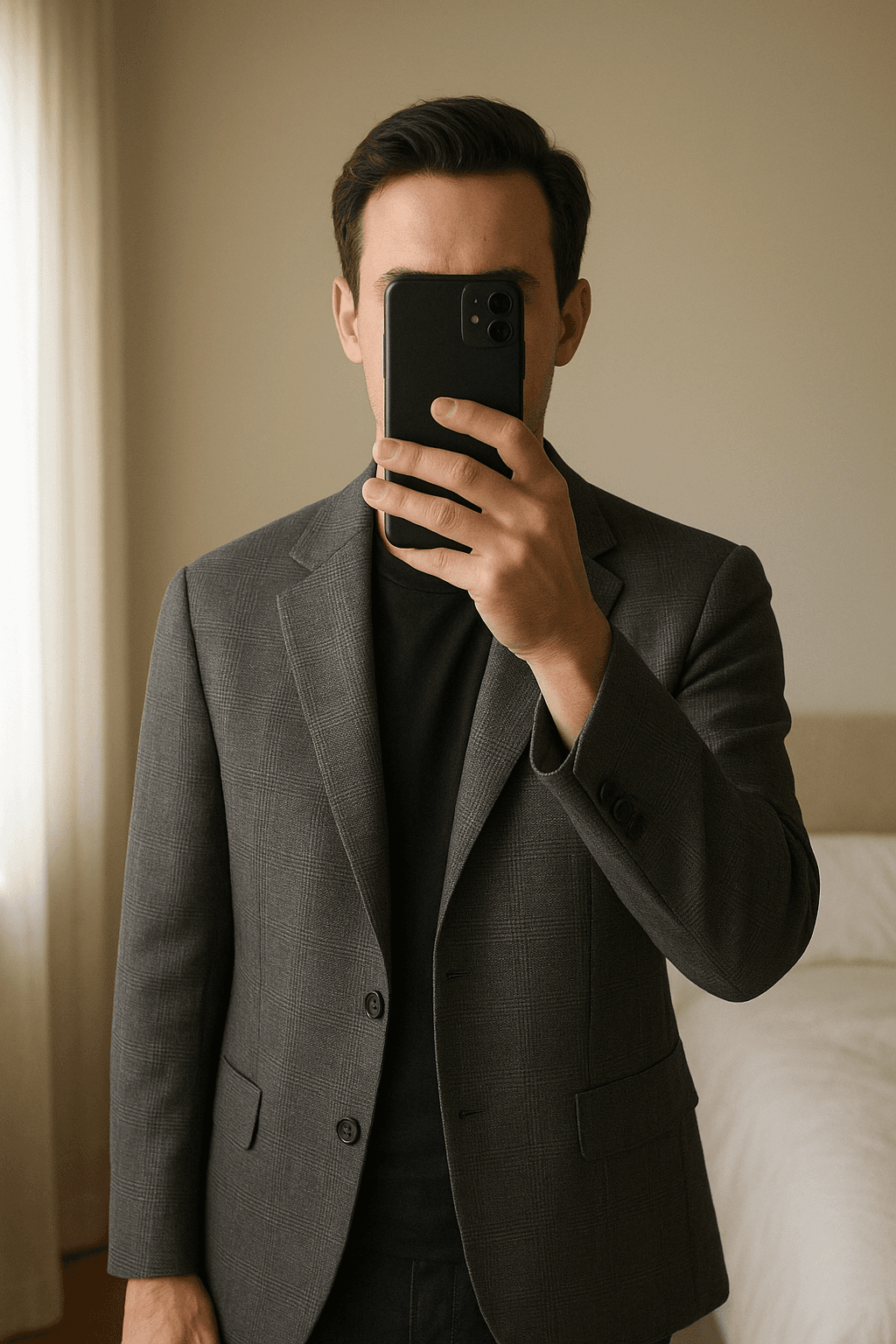 Veste homme Mango aufrecht stehend, der Kamera zugewandt, in einem sanft beleuchteten Schlafzimmer, mit natürlichem Licht, das durch ein Fenster fällt.