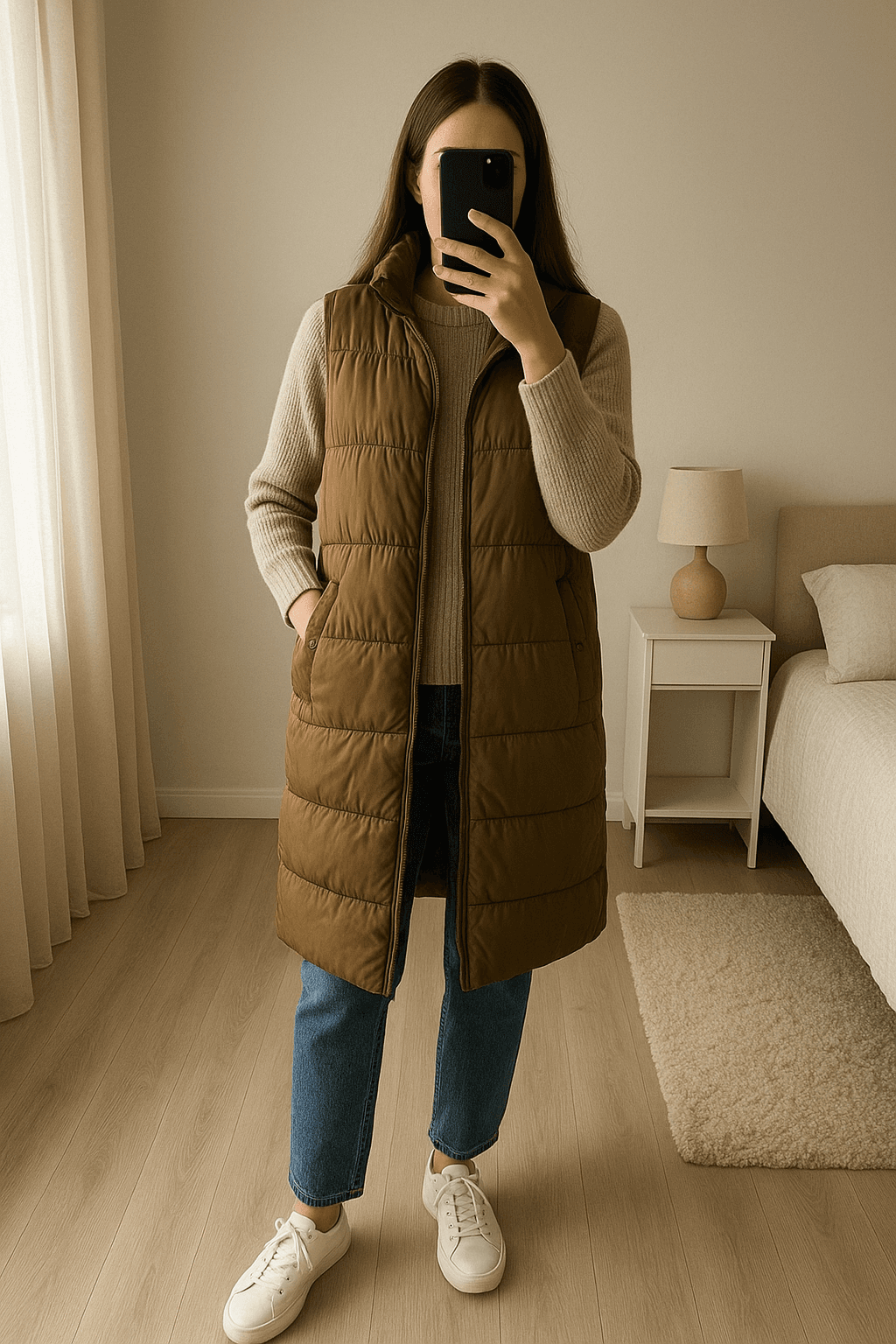 Vero Moda Damen Mantel Grösse 38-44 aufrecht stehend, der Kamera zugewandt, in einem sanft beleuchteten Schlafzimmer, mit natürlichem Licht, das durch ein Fenster fällt.