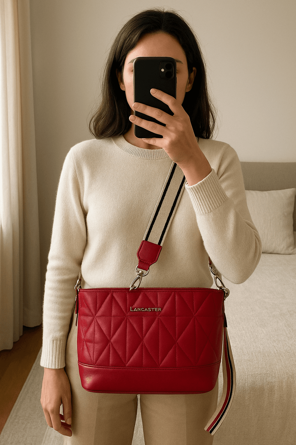 Sac Lancaster en cuir matelassé aufrecht stehend, der Kamera zugewandt, in einem sanft beleuchteten Schlafzimmer, mit natürlichem Licht, das durch ein Fenster fällt.