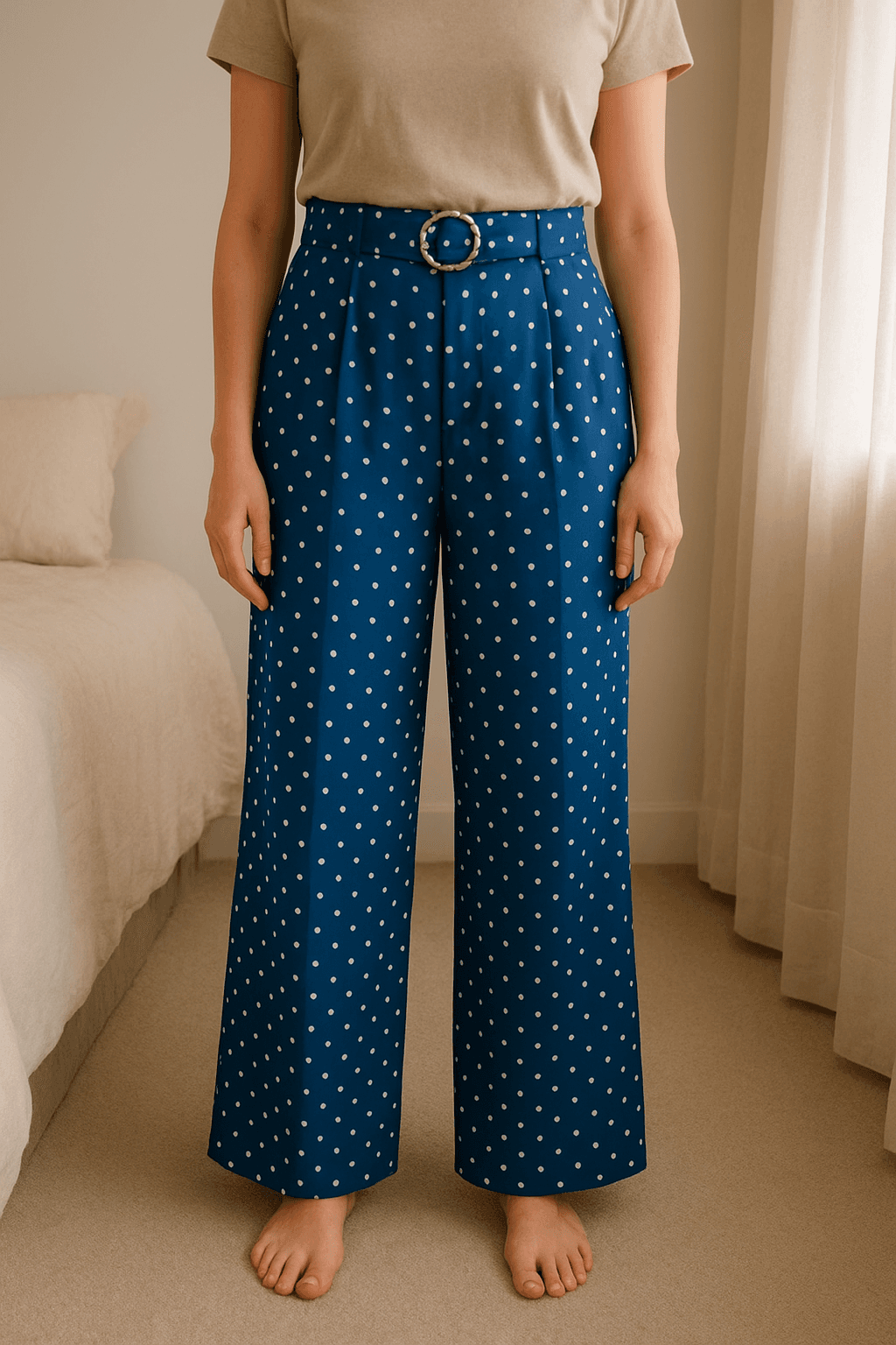 Pantalones anchos lunares H&M de pie, mirando a la cámara, en un dormitorio con luz suave y natural filtrándose por la ventana.