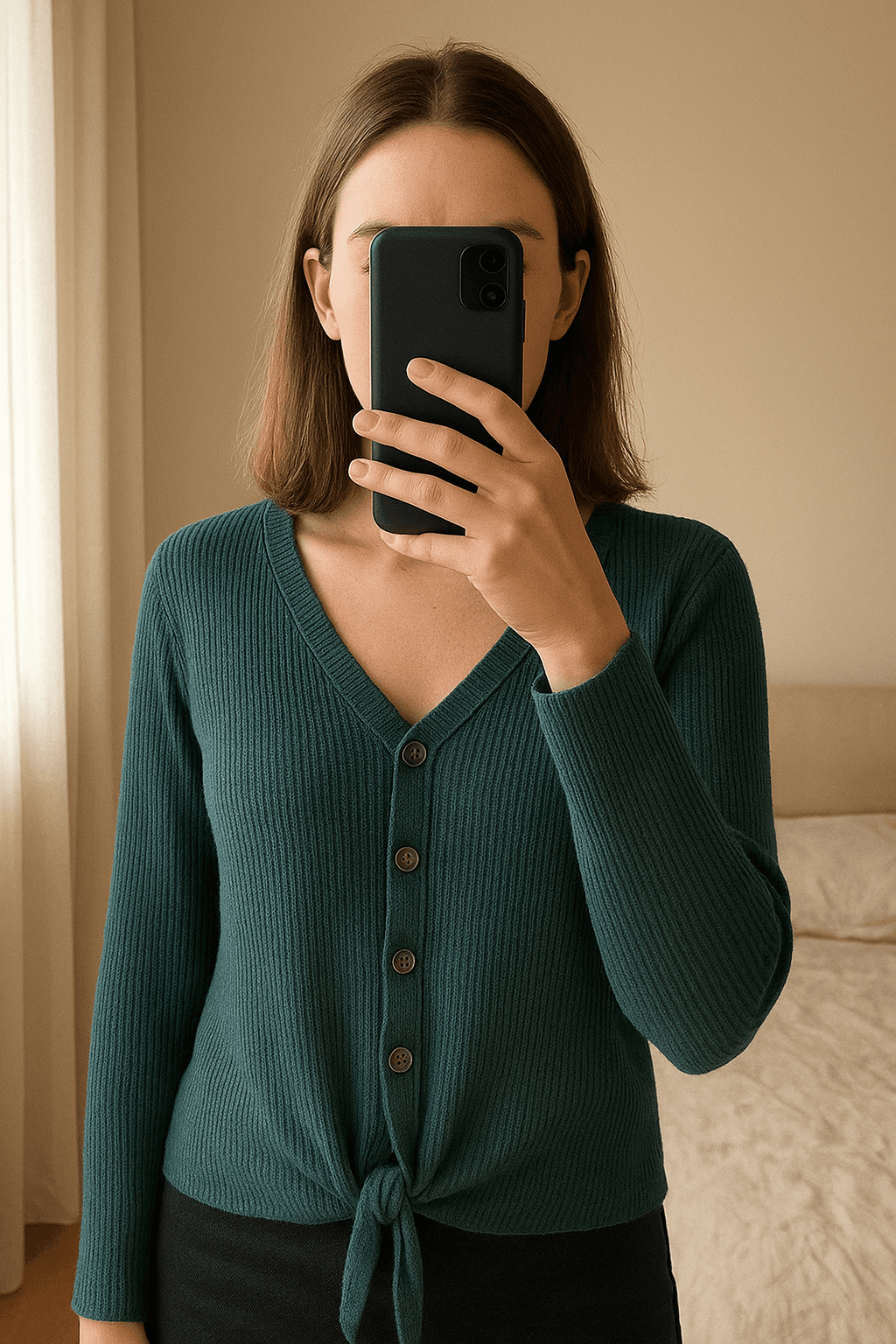 Crop jumper em pé, de frente para a câmera, em um quarto com iluminação suave e luz natural filtrando pela janela.