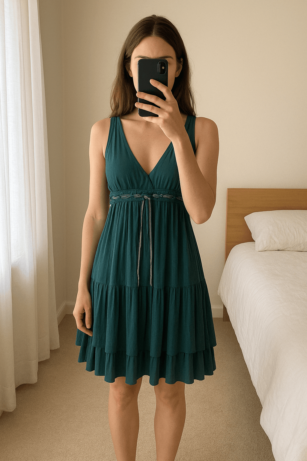 Vestido verde Natura em pé, de frente para a câmera, em um quarto com iluminação suave e luz natural filtrando pela janela.